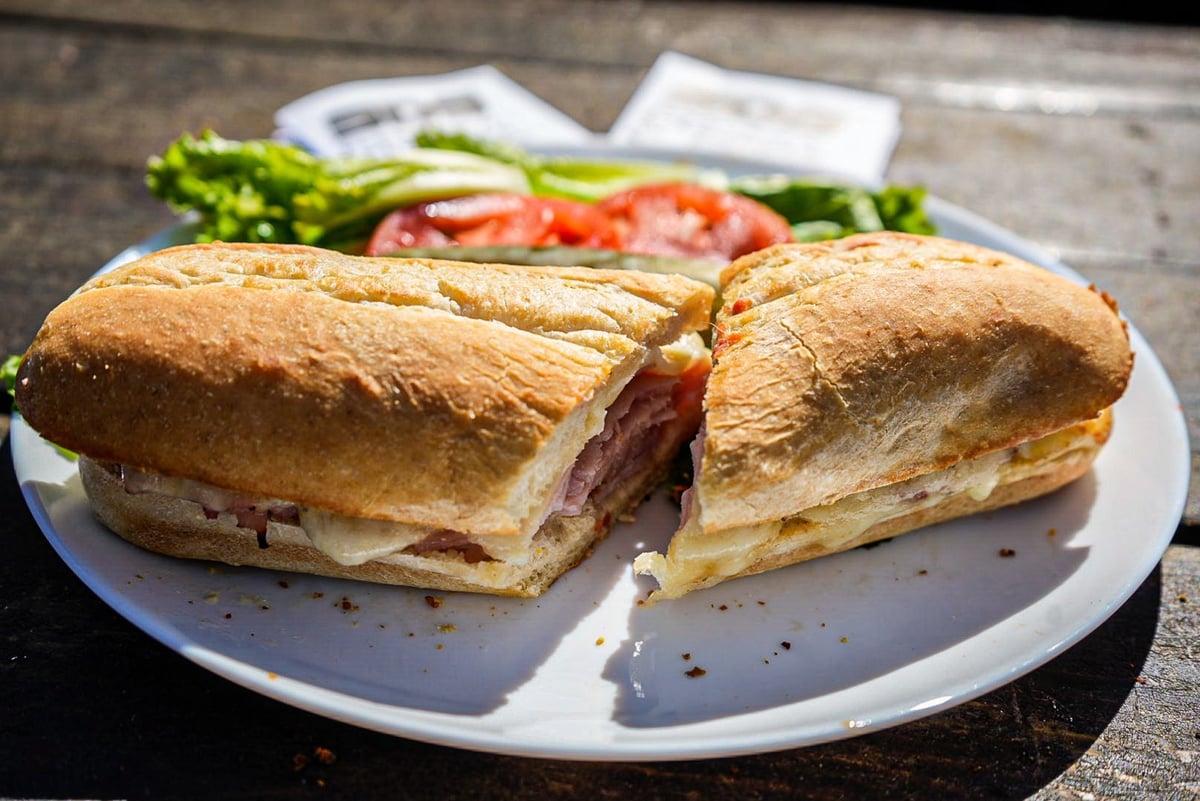 Two halves of a ham and cheese sandwich on a white plate with fresh vegetables in the background