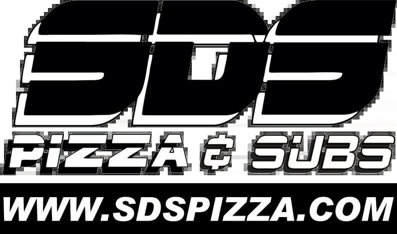 SDS Pizza and Subs logo with website www.sdspizza.com in black and white